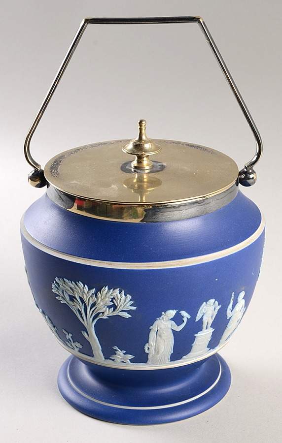 Cream Color on Wedgwood Blue Jasperware Biscuit Barrel & Lid by Wedgwood-1