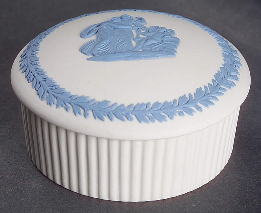 Lavender (Pale Blue) on Cream Color Jasperware 3" Round Fluted Box & Lid by Wedgwood-1