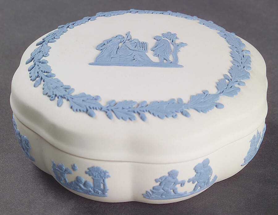 Lavender (Pale Blue) on Cream Color Jasperware Large Scalloped Candy Box & Lid by Wedgwood-1