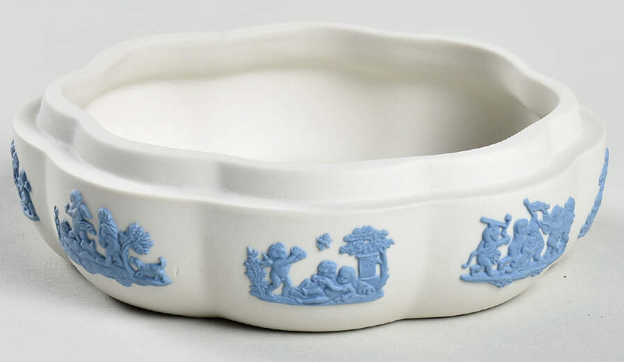 Lavender (Pale Blue) on Cream Color Jasperware Large Scalloped Candy Box-No Lid by Wedgwood-1