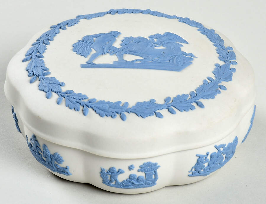 Lavender (Pale Blue) on Cream Color Jasperware Large Scalloped Candy Box & Lid by Wedgwood-1