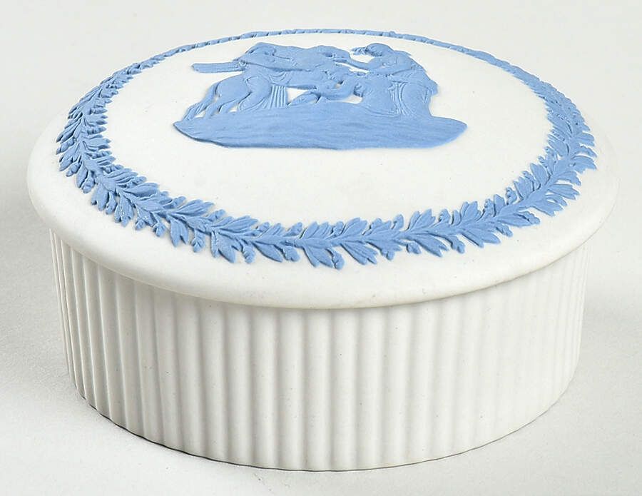 Lavender (Pale Blue) on Cream Color Jasperware 3" Round Fluted Box & Lid by Wedgwood-1