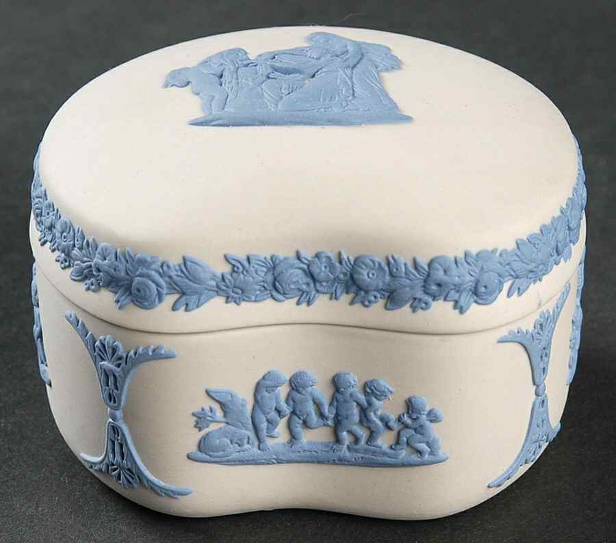 Lavender (Pale Blue) on Cream Color Jasperware Bean Box & Lid by Wedgwood-1