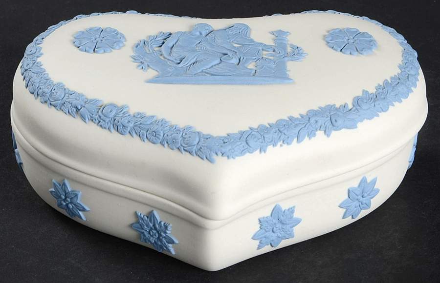 Lavender (Pale Blue) on Cream Color Jasperware 5" Heart Shape Box & Lid by Wedgwood-1