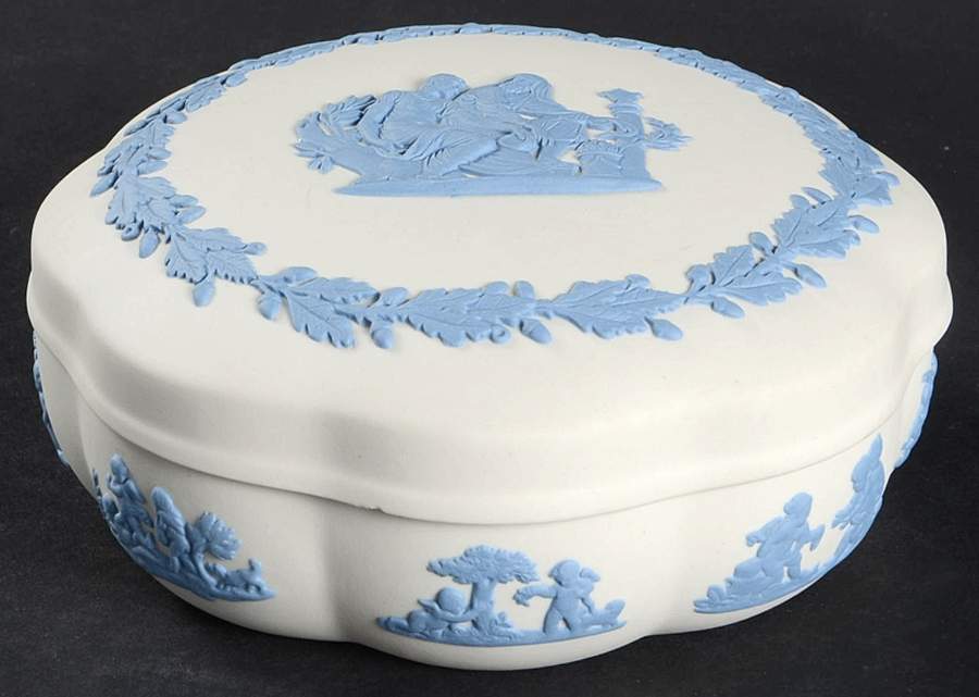 Lavender (Pale Blue) on Cream Color Jasperware Large Scalloped Candy Box & Lid by Wedgwood-1