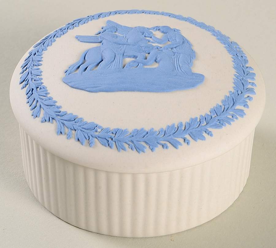 Lavender (Pale Blue) on Cream Color Jasperware 2" Round Fluted Box W/Lid by Wedgwood-1