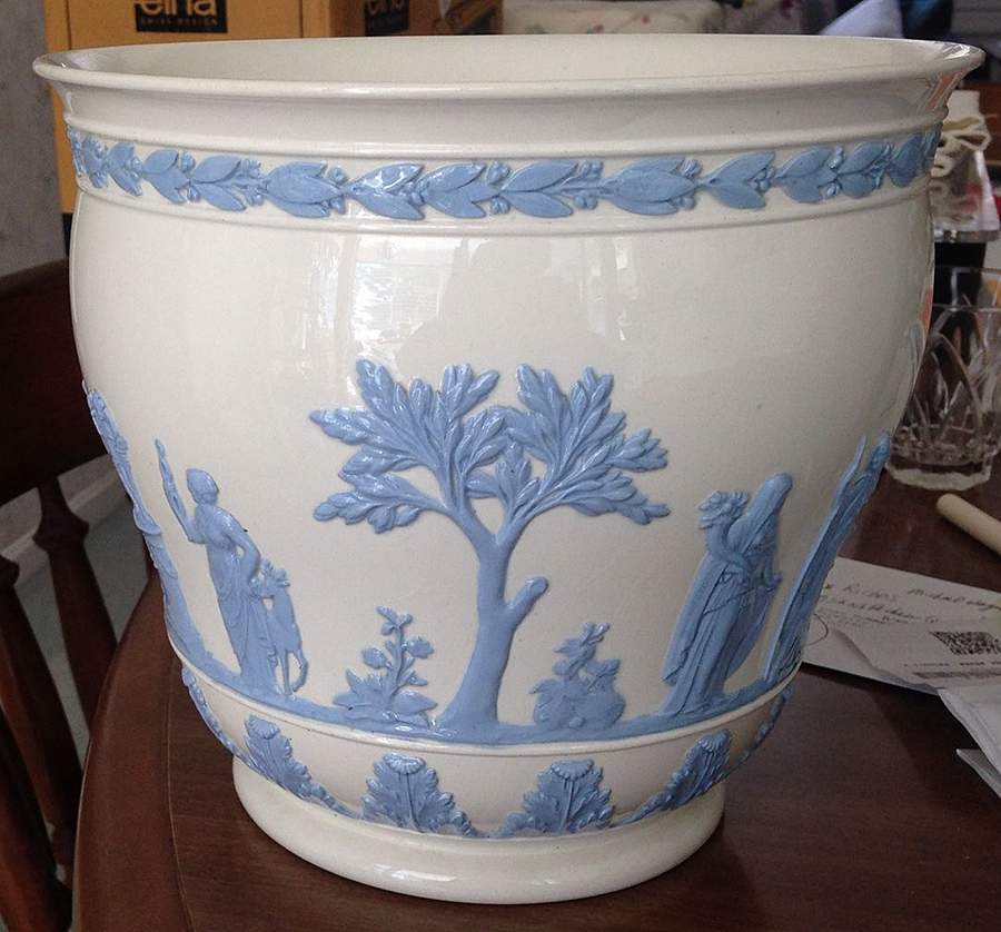 Lavender (Pale Blue) on Cream Color Jasperware 7" Arcadian Jardiniere by Wedgwood-1
