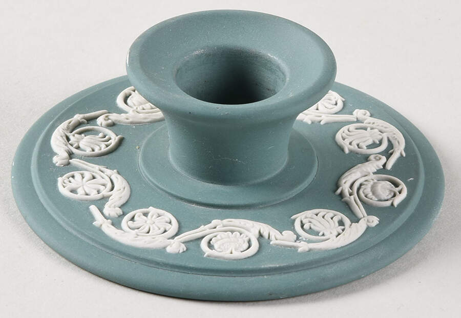 Cream Color on Teal Jasperware Single Banquet Candlestick by Wedgwood-1