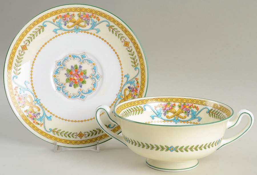 Kynance (Center and Laurel Band) Footed Cream Soup Bowl & Saucer Set by Wedgwood-1
