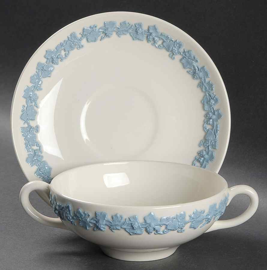 Lavender on Cream Color (Plain) Flat Cream Soup Bowl & Saucer Set by Wedgwood-1