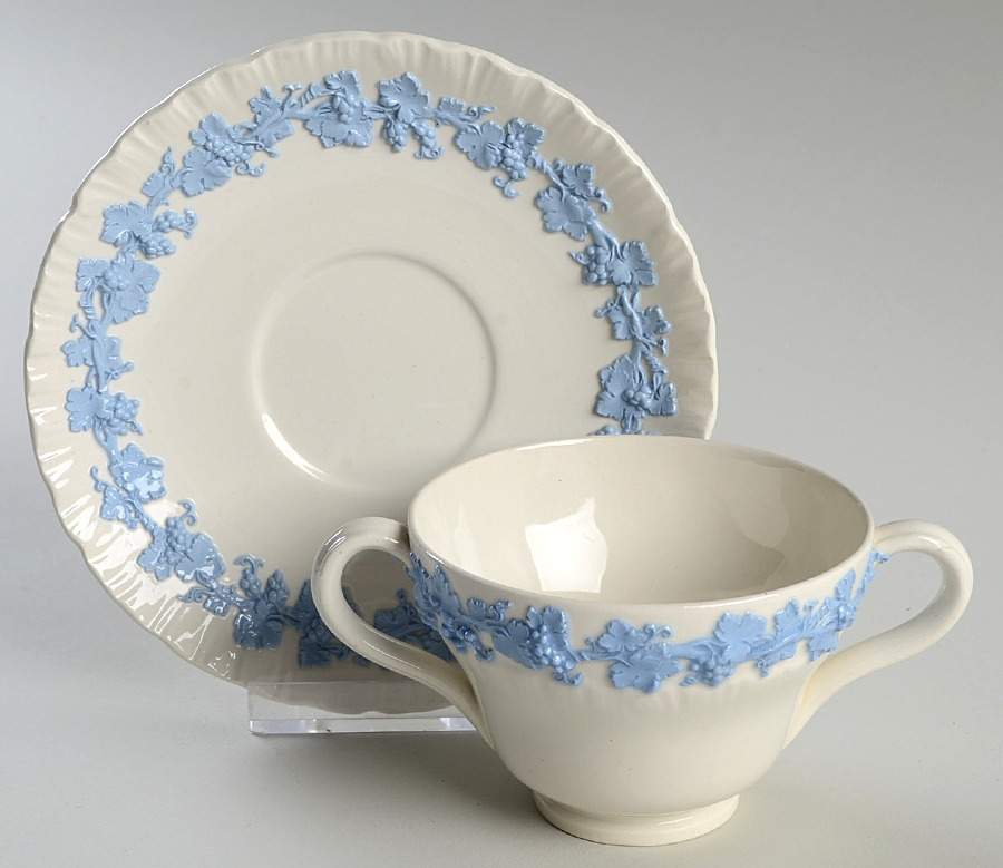 Lavender on Cream Color (Shell Edge) Footed Bouillon Cup & Saucer by Wedgwood-1