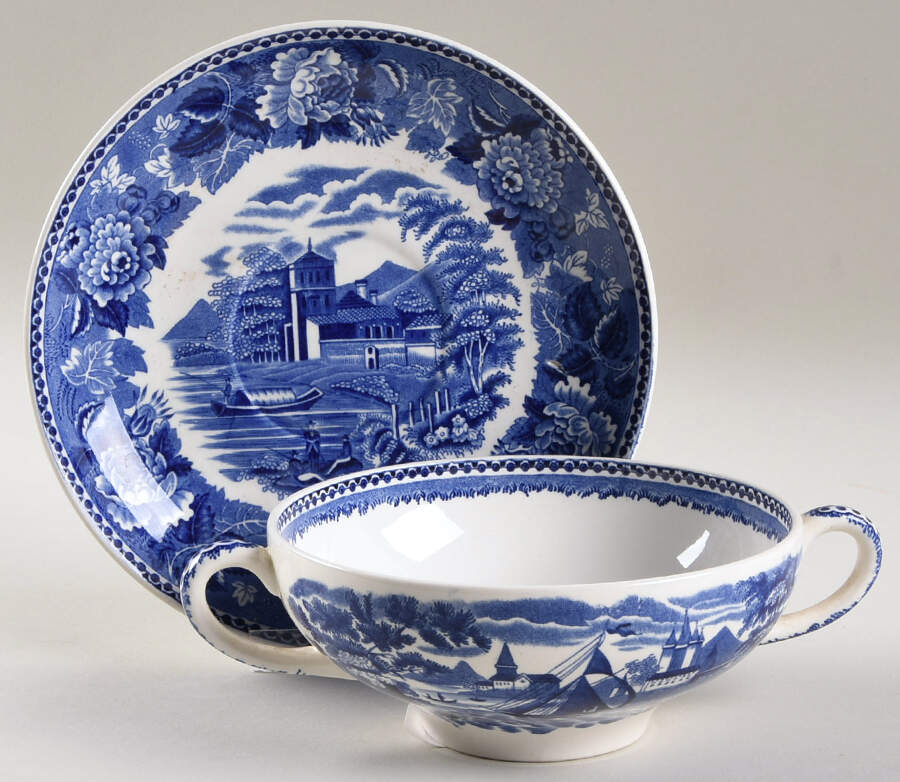 Landscape Dark Blue (No Trim) Footed Cream Soup Bowl & Saucer Set by Wedgwood-1