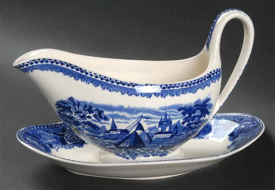 Landscape Dark Blue (No Trim) Gravy Boat with Attached Underplate by Wedgwood-1