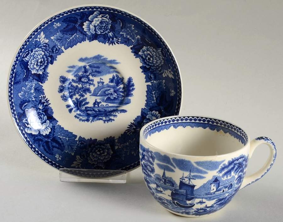 Landscape Dark Blue (No Trim) Flat Cup & Saucer Set by Wedgwood-1