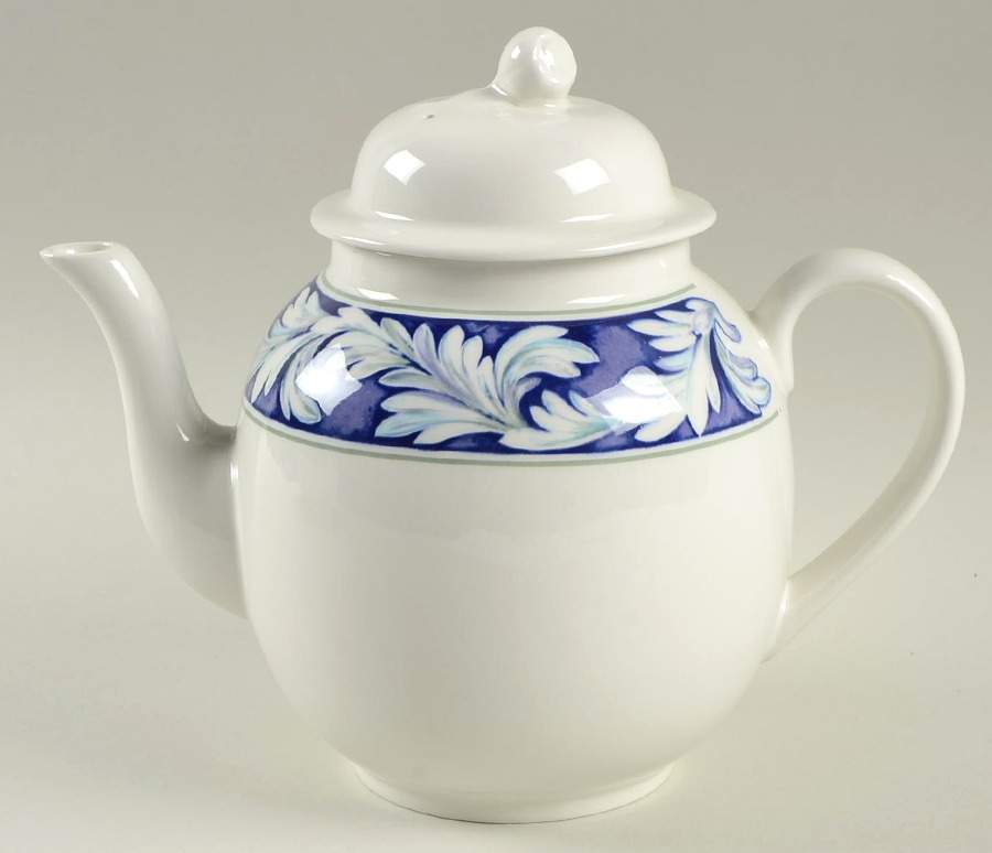 Laurel (White Leaves on Blue Band) Teapot & Lid by Wedgwood-1