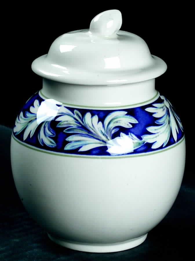 Laurel (White Leaves on Blue Band) Sugar Bowl & Lid by Wedgwood-1