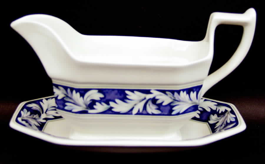Laurel (White Leaves on Blue Band) Gravy Boat & Underplate by Wedgwood-1