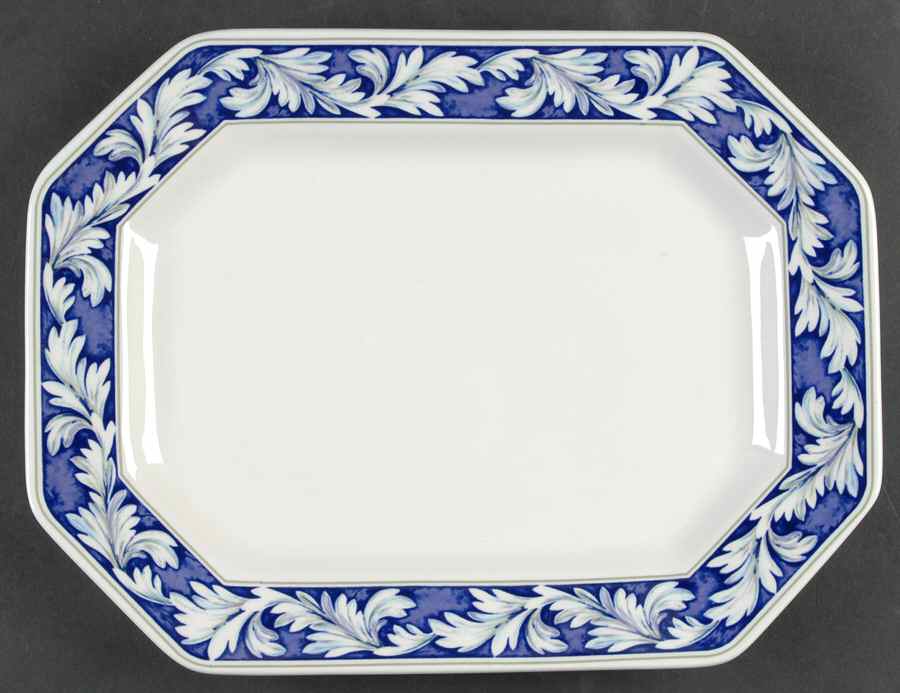Laurel (White Leaves on Blue Band) 12" Oval Serving Platter by Wedgwood-1
