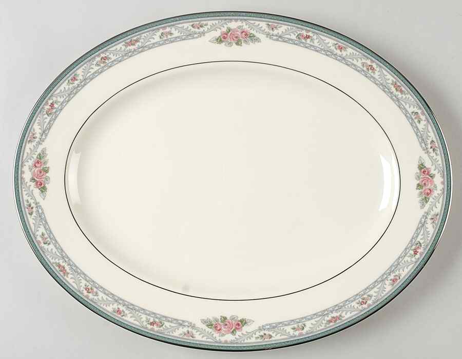 Laurel (White Leaves on Blue Band) 14" Oval Serving Platter by Wedgwood-1