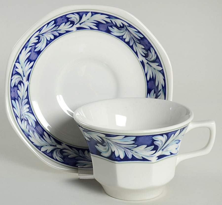 Laurel (White Leaves on Blue Band) Flat Cup & Saucer Set by Wedgwood-1