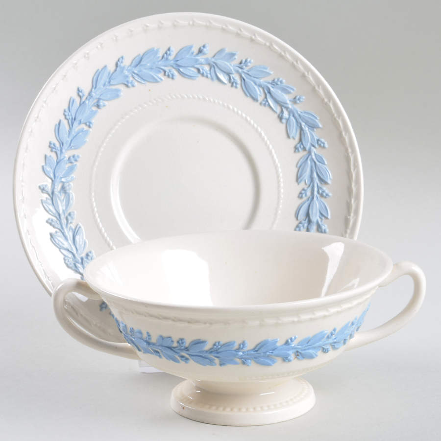 Laurel (Lavender on Cream Color) Footed Cream Soup Bowl & Saucer Set by Wedgwood-1