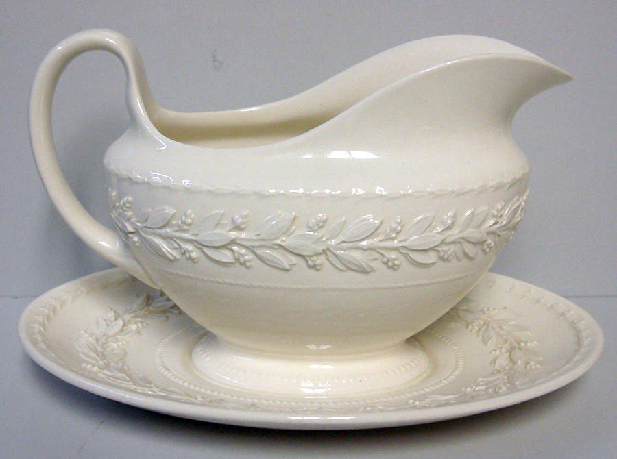 Laurel (Cream Color on Cream Color) Gravy Boat with Attached Underplate by Wedgwood-1