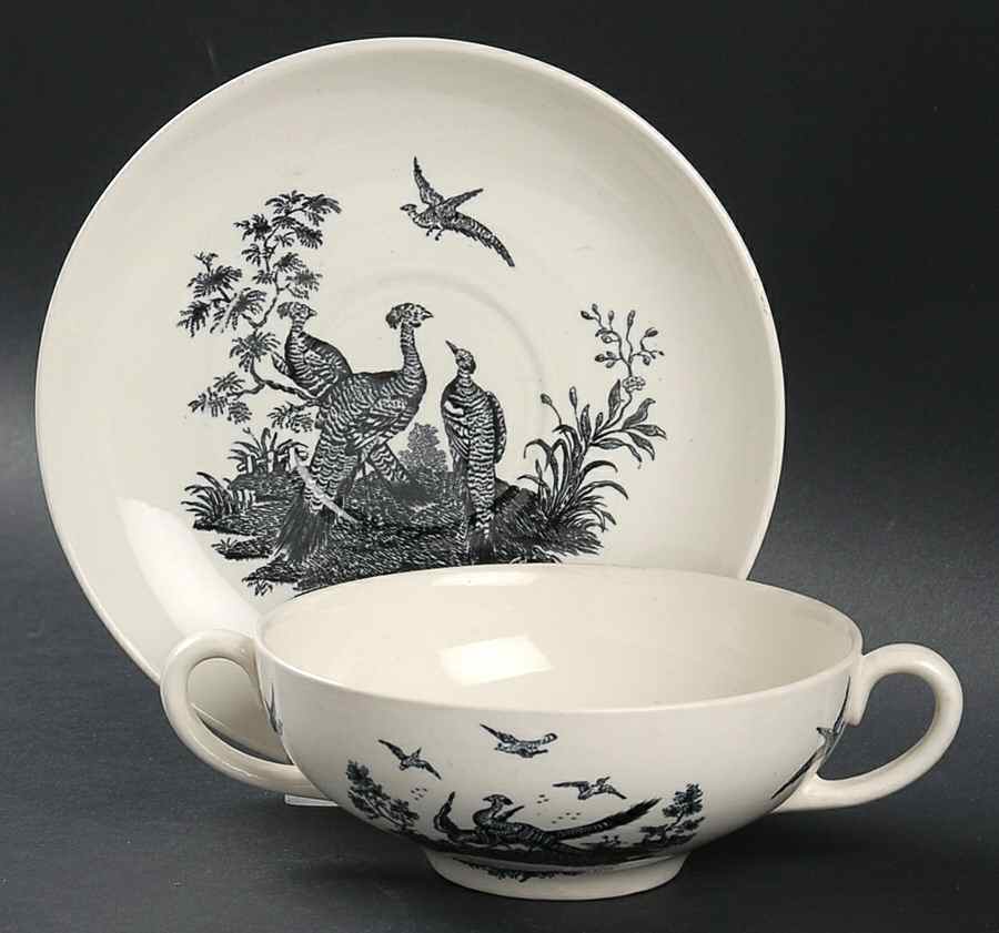 Liverpool Birds Black (No Trim) Flat Cream Soup Bowl & Saucer Set by Wedgwood-1