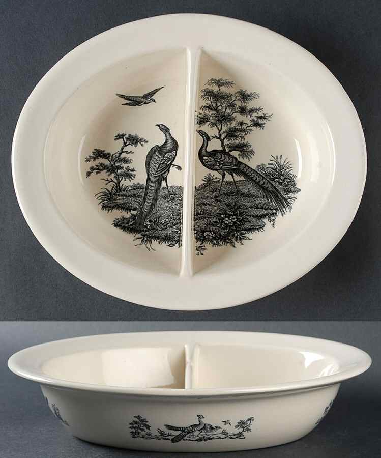 Liverpool Birds Black (No Trim) 10" Oval Divided Vegetable Bowl by Wedgwood-1
