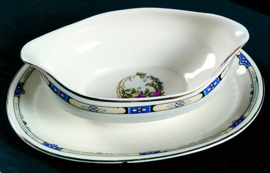 Malvern (Floral Center, Gold Trim) Gravy Boat with Attached Underplate by Wedgwood-1