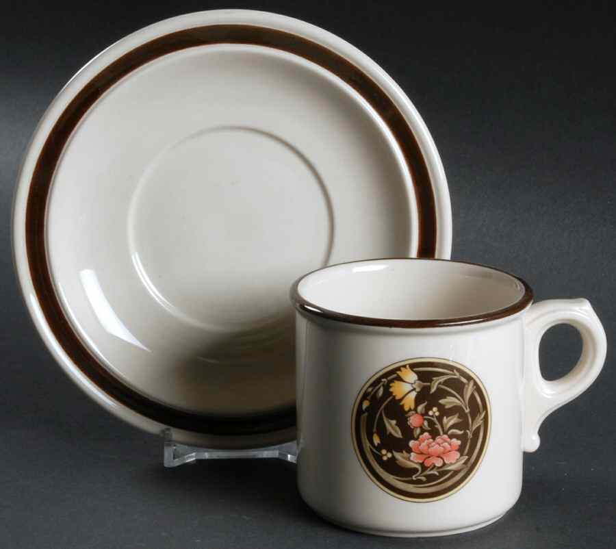 Mikado (Yellow & Coral Flowers) Flat Cup & Saucer Set by Wedgwood-1