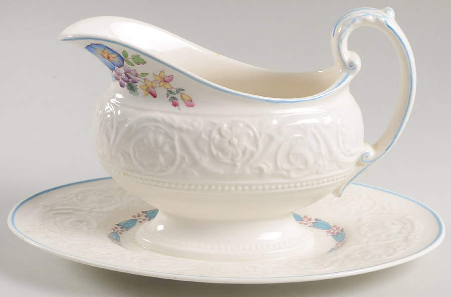 Morning Glory (Blue Trim) Gravy Boat with Attached Underplate by Wedgwood-1