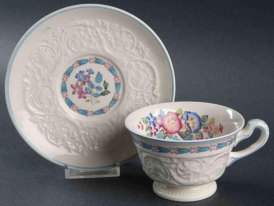 Morning Glory (Blue Trim) Footed Cup & Saucer Set by Wedgwood-1