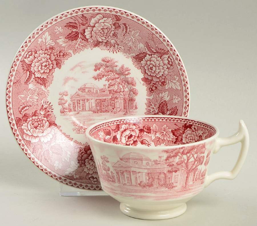 Monticello Pink (Floral Rim) Flat Cup & Saucer Set by Wedgwood-1