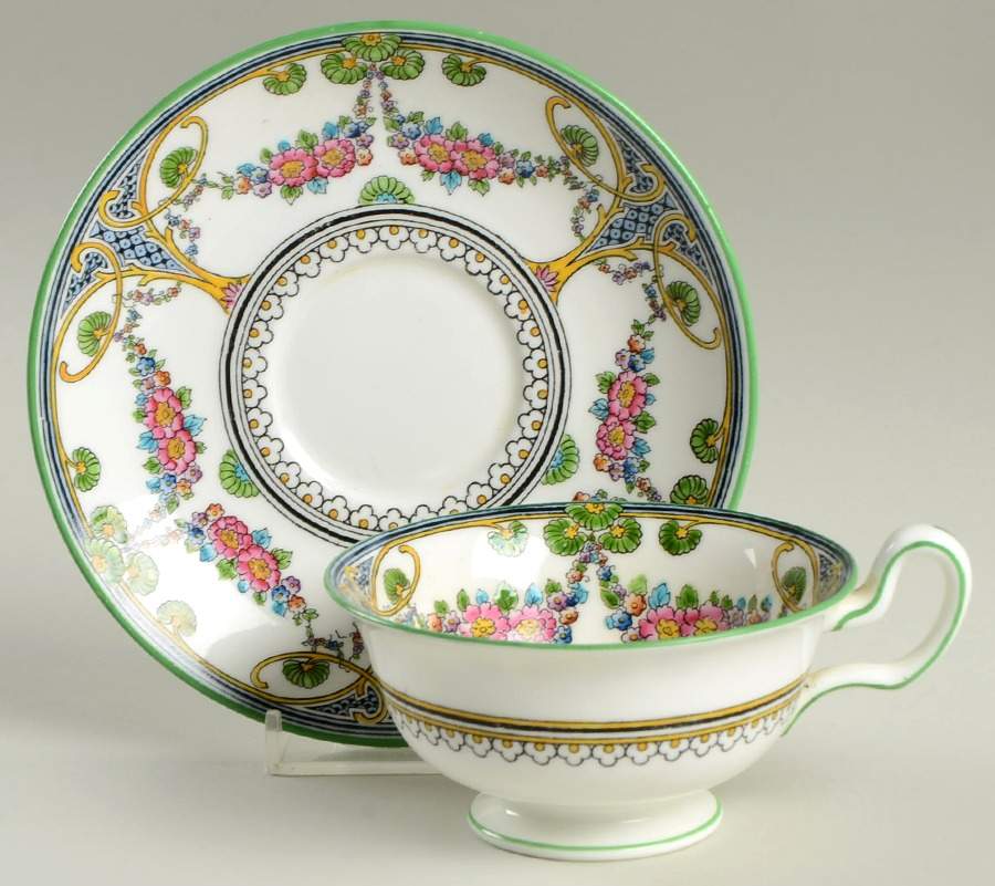 Montreal (No Floral Center, Green Trim) Footed Cup & Saucer Set by Wedgwood-1