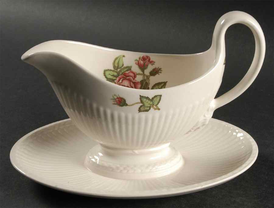 Moss Rose (Older, Brown Backstamp) Gravy Boat with Attached Underplate by Wedgwood-1
