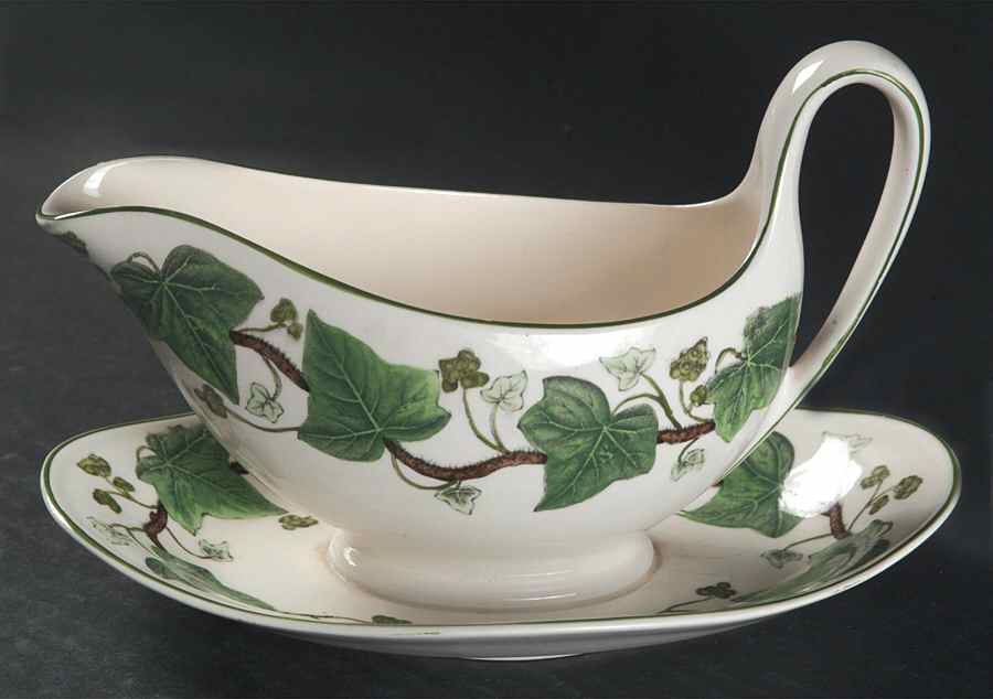Napoleon Ivy Green (Queen's Ware) Gravy Boat with Attached Underplate by Wedgwood-1