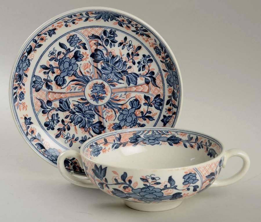 Ningpo (Blue Trim) Footed Cream Soup Bowl & Saucer Set by Wedgwood-1