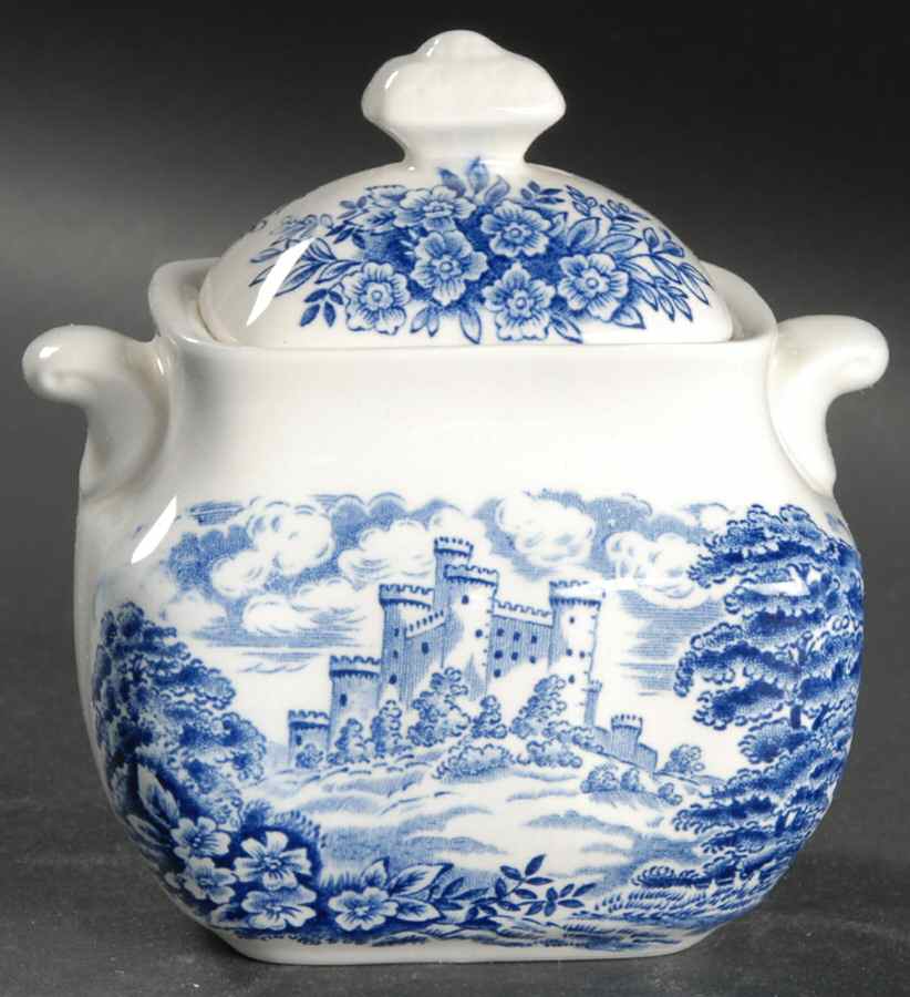 Old English Village Blue Sugar Bowl & Lid by Wedgwood-1