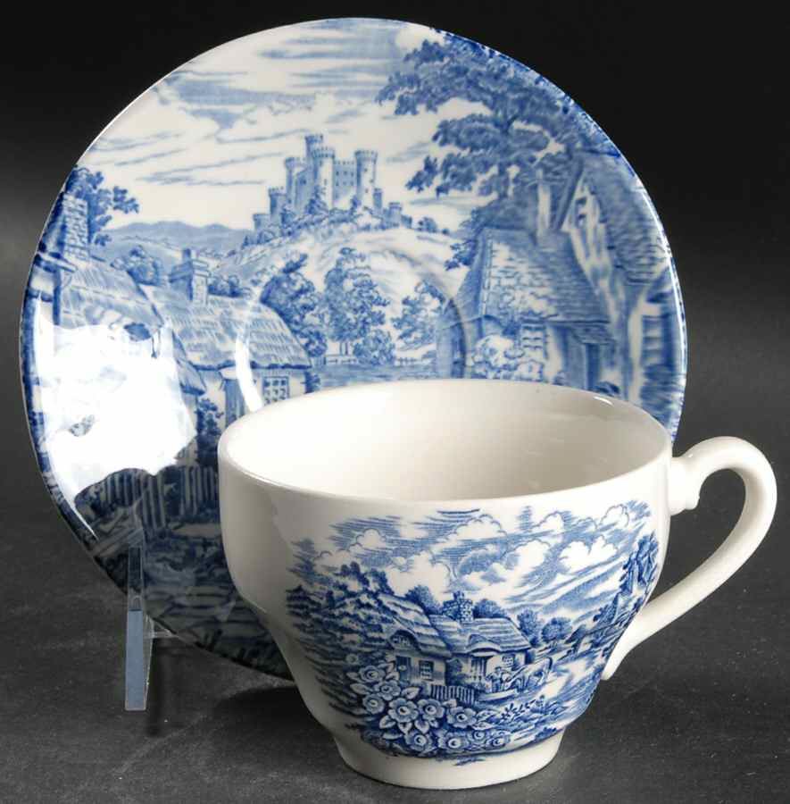 Old English Village Blue Flat Cup & Saucer Set by Wedgwood-1
