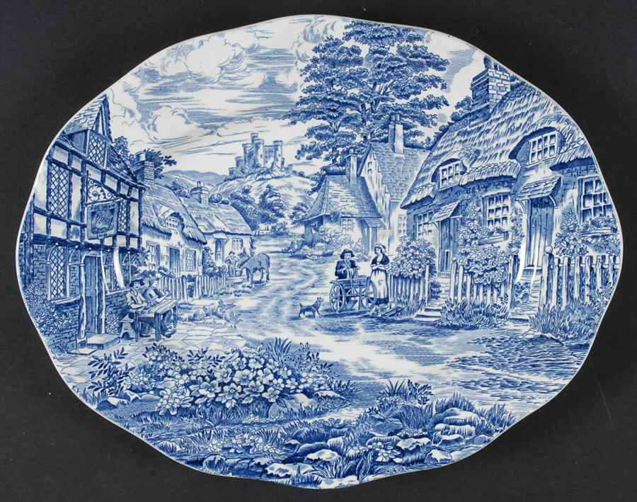 Old English Village Blue 12" Oval Serving Platter by Wedgwood-1