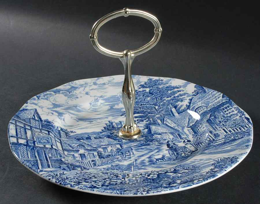 Old English Village Blue Round Serving Plate with Handle (DP) by Wedgwood-1