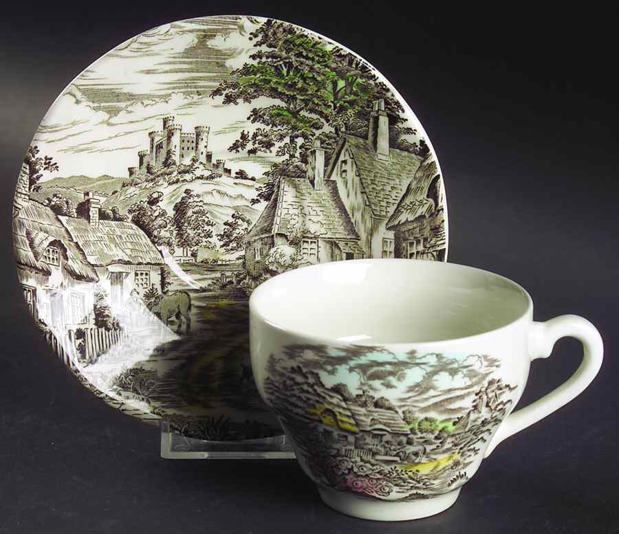 Old English Village Brown Multicolor Flat Cup & Saucer Set by Wedgwood-1