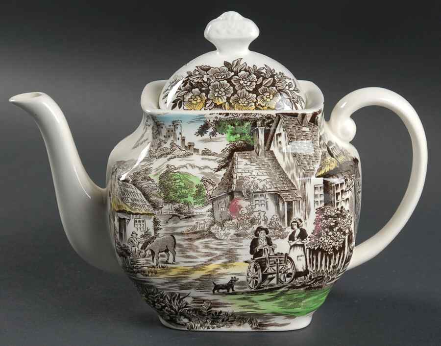 Old English Village Brown Multicolor Teapot & Lid by Wedgwood-1