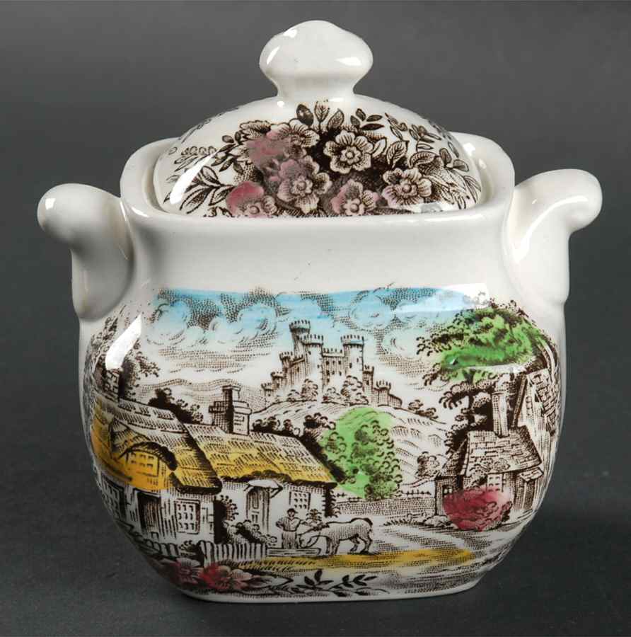 Old English Village Brown Multicolor Sugar Bowl & Lid by Wedgwood-1
