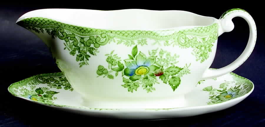 Oriental Pheasant Green Gravy Boat with Attached Underplate by Wedgwood-1