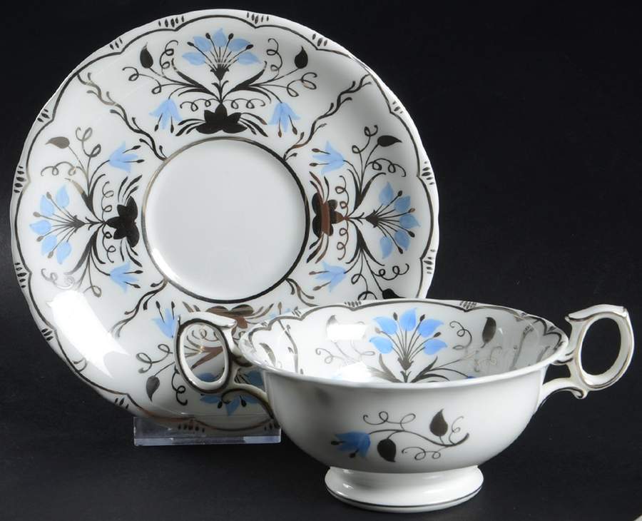Papyrus Blue and Silver Footed Cream Soup Bowl & Saucer Set by Wedgwood-1