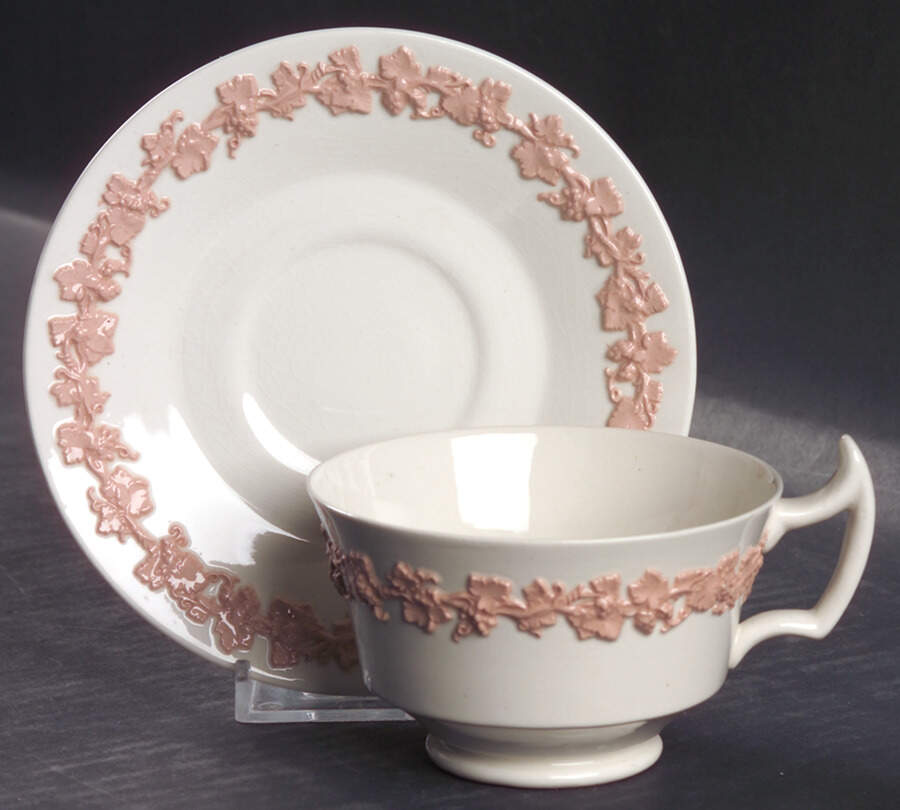 Pink On Cream Color (Plain edge) Footed Cup & Saucer Set by Wedgwood-1
