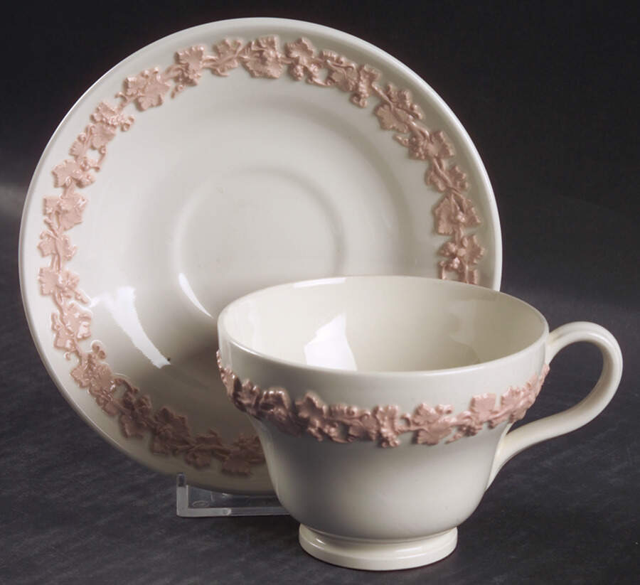 Pink On Cream Color (Plain edge) Footed Cup & Saucer Set by Wedgwood-1