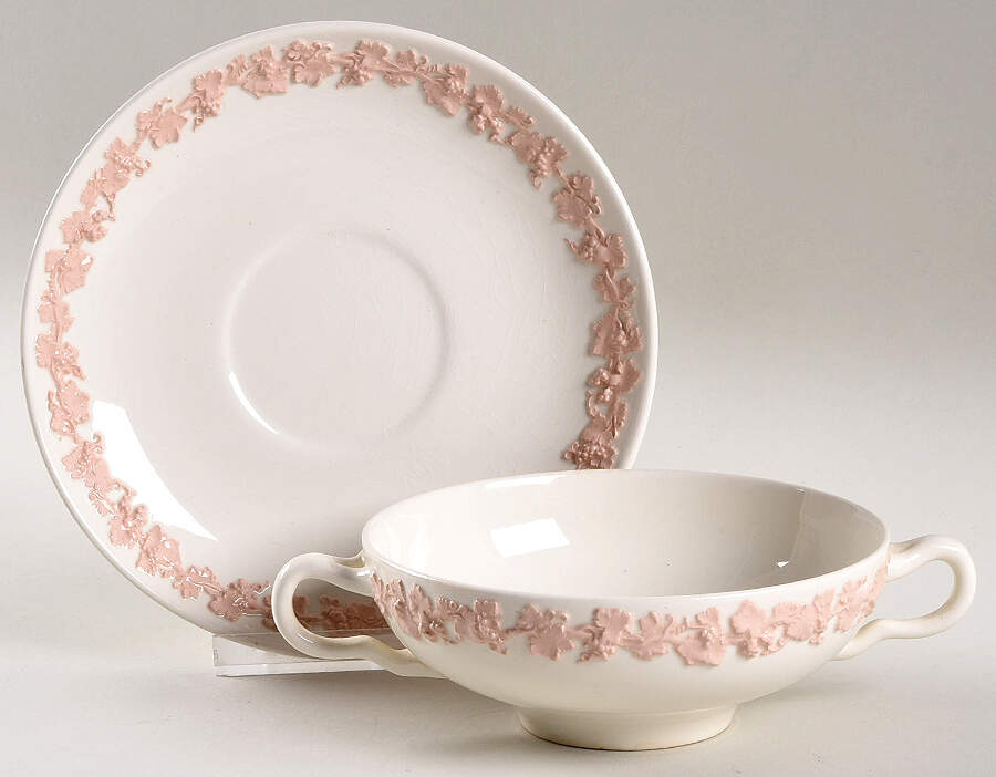 Pink On Cream Color (Plain edge) Flat Cream Soup Bowl & Saucer Set by Wedgwood-1