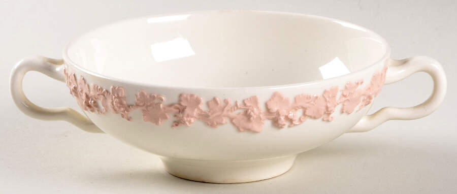 Pink On Cream Color (Plain edge) Flat Cream Soup Bowl by Wedgwood-1